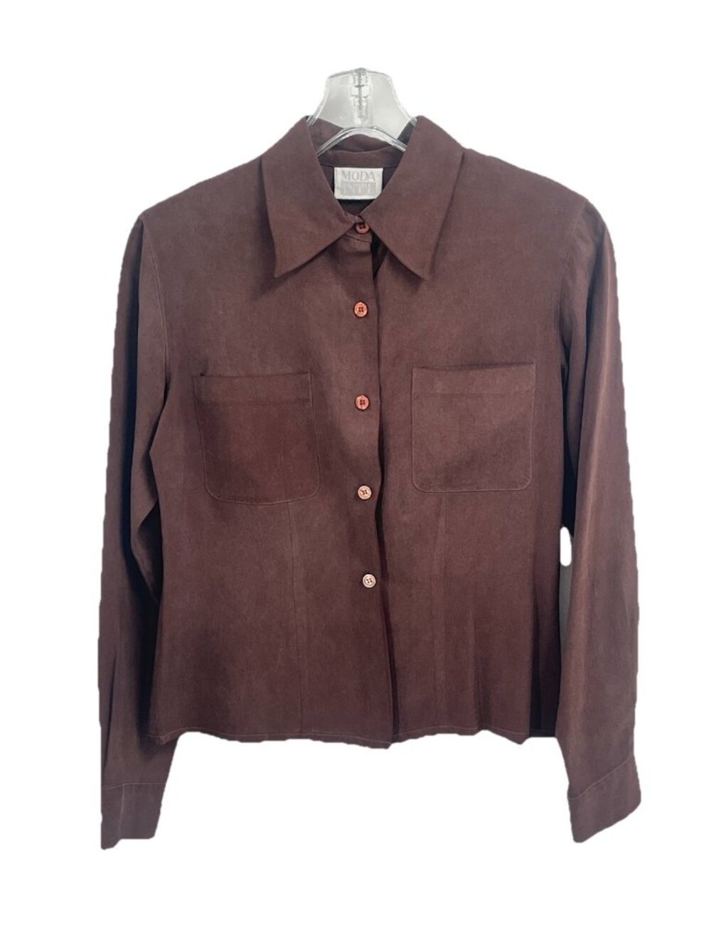 Vtg Moda International Brown Silk Boutton Front Blouse XS Y2K Minimalist Office